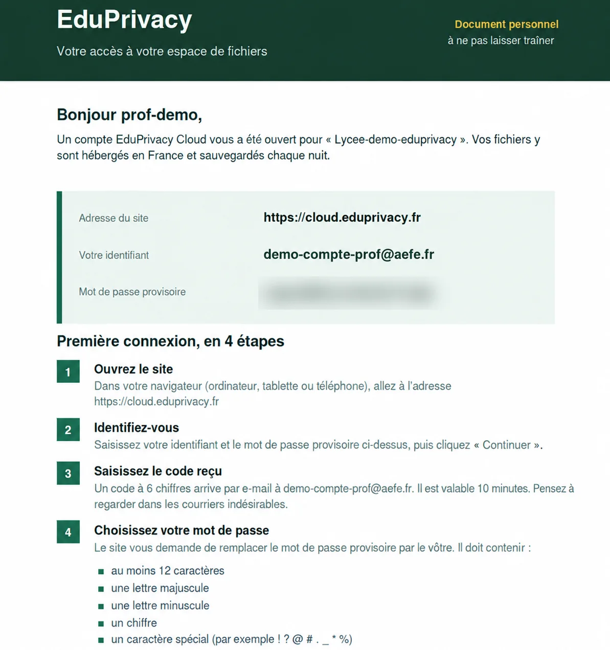 Fiche d'accès personnelle remise à un utilisateur