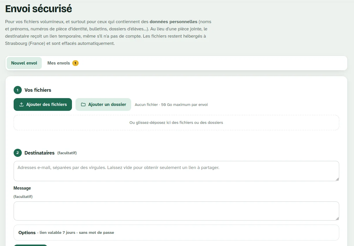 Tableau de bord « Envoi sécurisé » de la Suite EduPrivacy