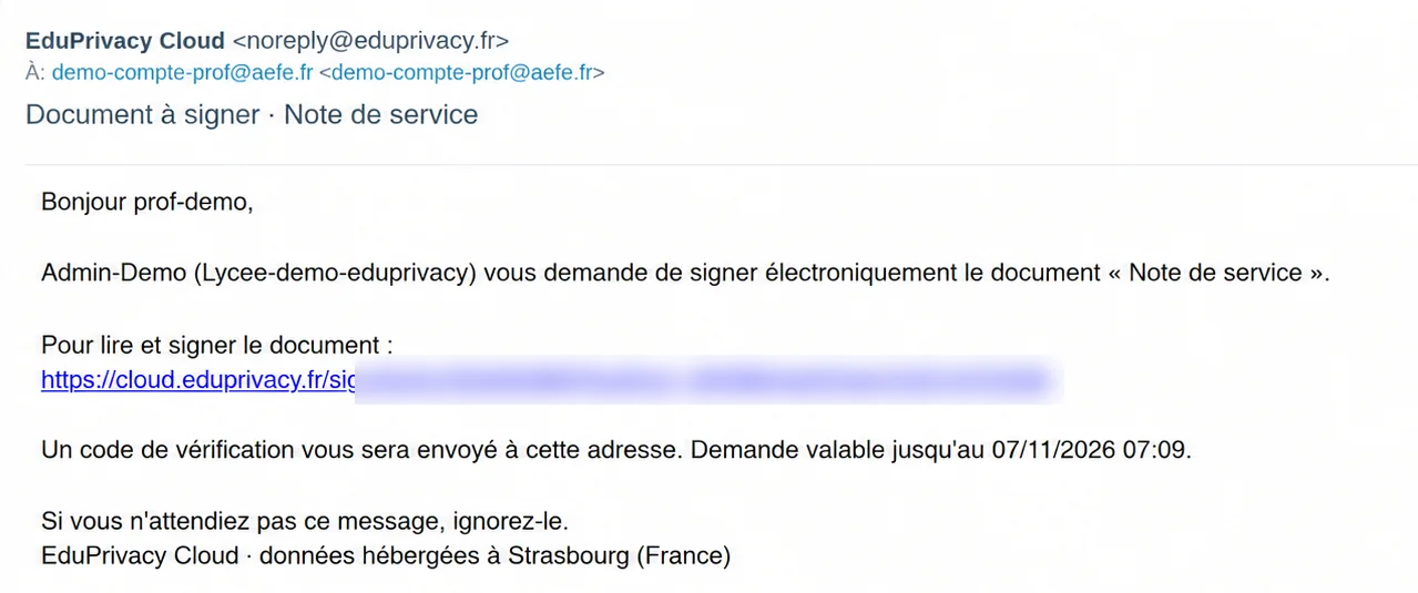 E-mail de demande de signature reçu par un signataire