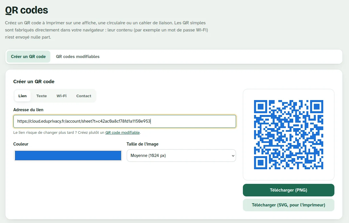 Générateur de QR codes de la Suite EduPrivacy