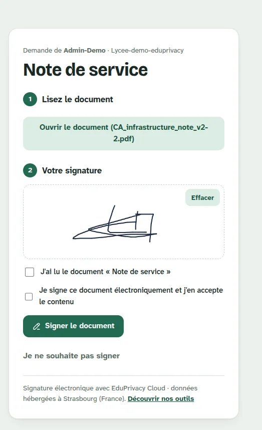 Page de signature électronique avec une signature tracée